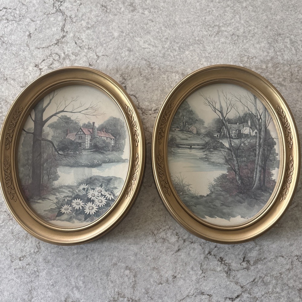 2 Vintage Homco Home Interiors Oval Picture Cottage Stream 11X9 Gold Frame 1983